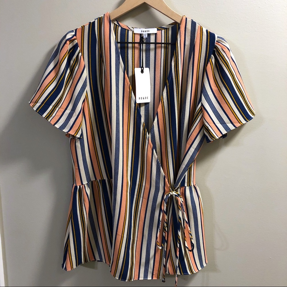 Ro & De Striped Wrap Blouse Peplum Top Small NWT Tie Waist